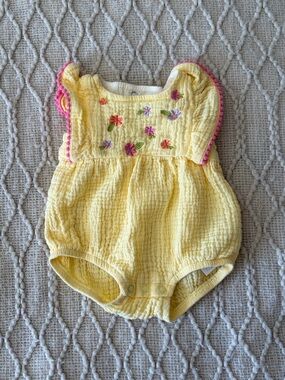 Baby Essentials Yellow Romper with Pink Trim and Floral Embroidery